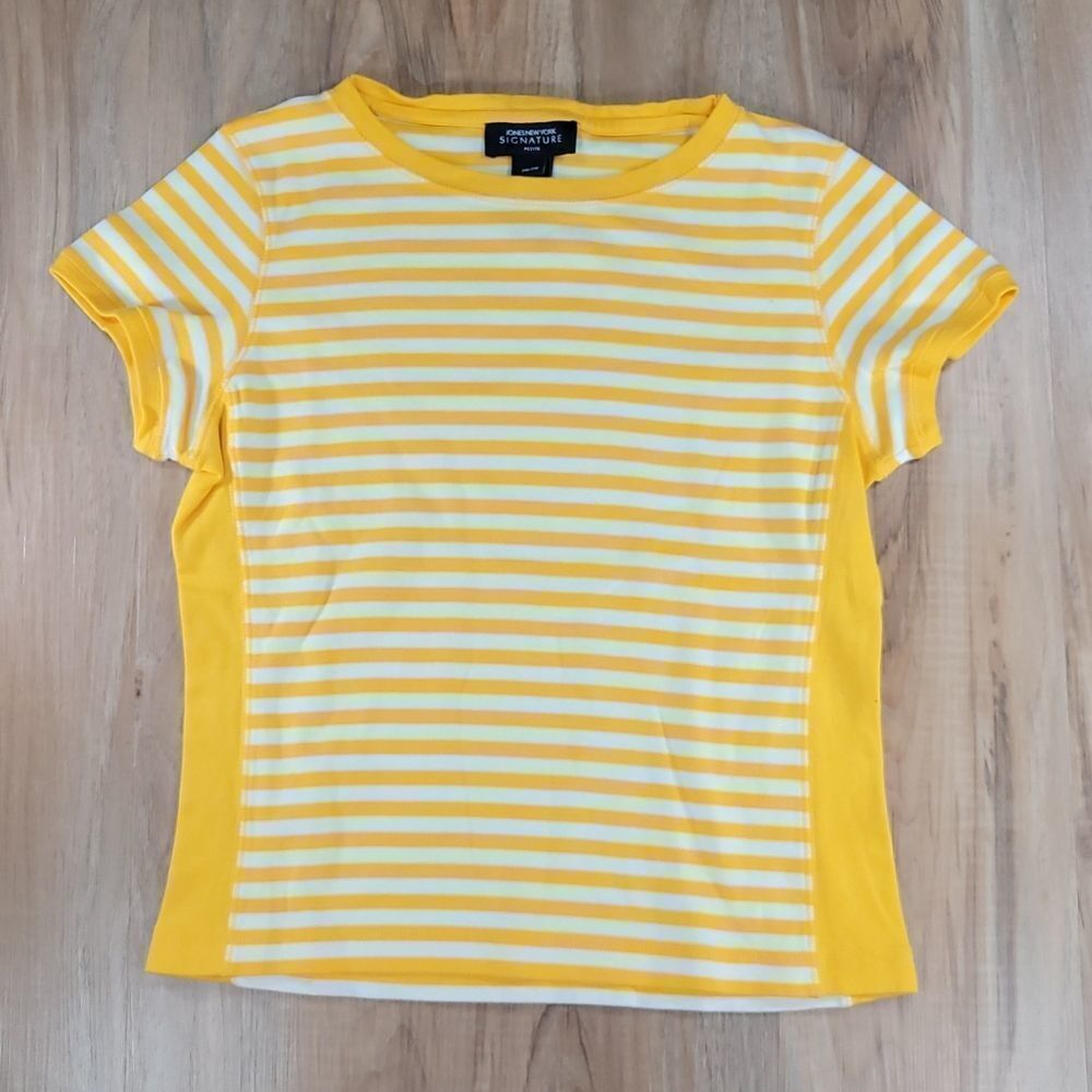 🔺️Jones New York Yellow & White Striped Short Sleeve Top Petite Medium